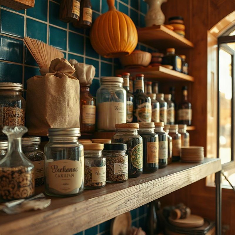 Detalle de productos artesanales en una estantería de madera en la tienda de Murcia